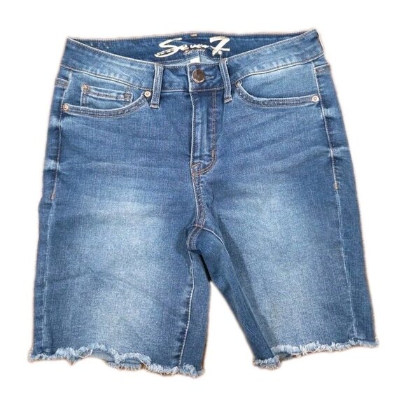 Seven7 Sunset Bermuda Denim Shorts Mid Rise Blue Womens Size 4 Stretch - Picture 1 of 4